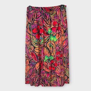 80s Rayon Colorful Floral Tropical Boho Midi Skirt Elastic Pull on XS-Medium